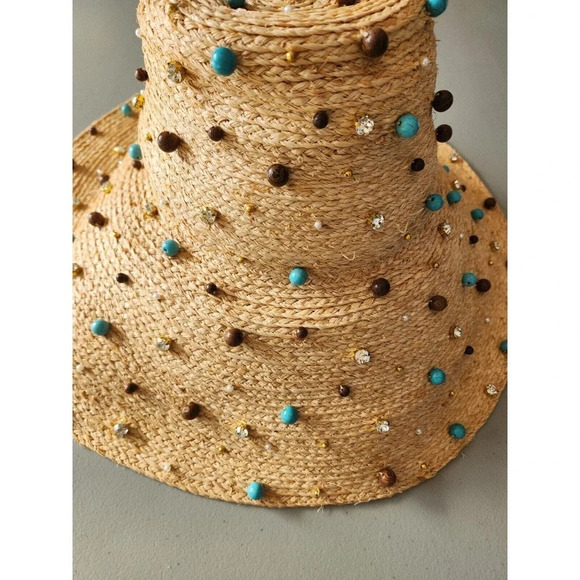 NWD Lele Sadoughi Turquoise Embellished Straw Sun Hat Natural One Size - Picture 4 of 13